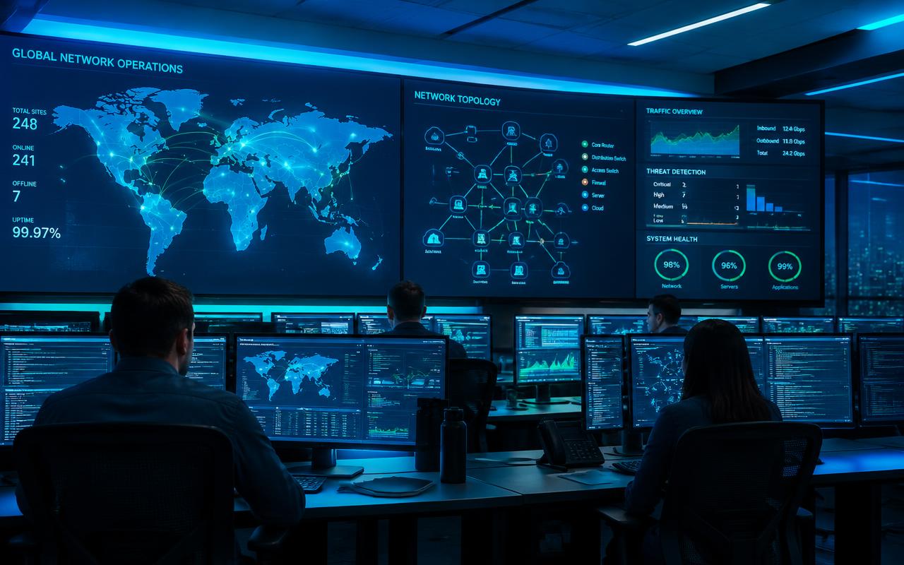 Technical operations center with platform monitoring displays